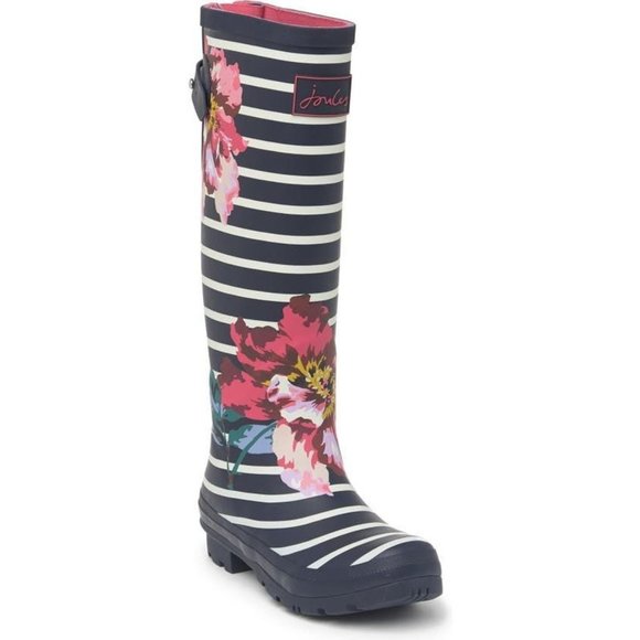 Joules Shoes - JOULES Tall Wellies Floral Stripe Print Navy Blue Pink Rubber Rain Boots 8 NEW